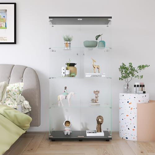 Mokylor Vitrine aus Glas mit 4 Ebenen, Weinvitrine aus Glas mit 2 Türen, Curio Aufbewahrungsvitrine mit Schloss für Wohnzimmer, Büro und Sammlerstücke (schwarz, ohne Licht)