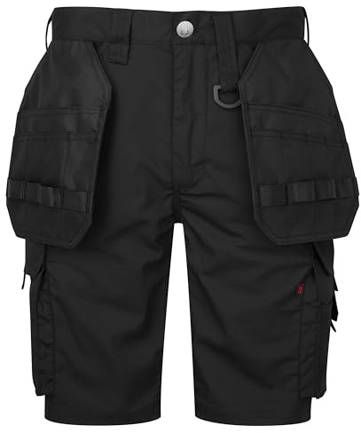 Osbauer Mens Workwear Shorts - Slim Fit - Stretch Rip Stop Fabric Holster Multi Pockets Cordura YKK Zip Work Cargo - Bevel Pro - Black - 30W