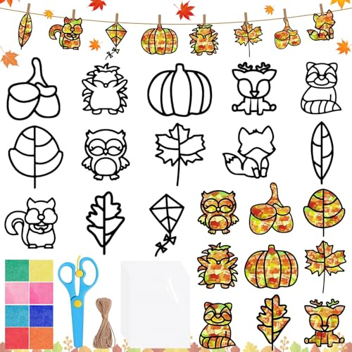 Tccydm Herbst Basteln mit Kindern,13 Stück Bastelset Herbst Kinder,Herbst Kranz Bastelset,Fensterbilder Herbst,DIY Bastelset Blätter Herbstdeko Geschenk für Halloween, Weihnachten