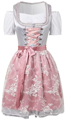 Damen Dirndl I Größe 34-54 I Trachtenkleid mit liebevollen Details & Dirndlschürze I Baumwolle I Bequem & pflegeleicht I Perfekt für Trachten & Festlichkeiten