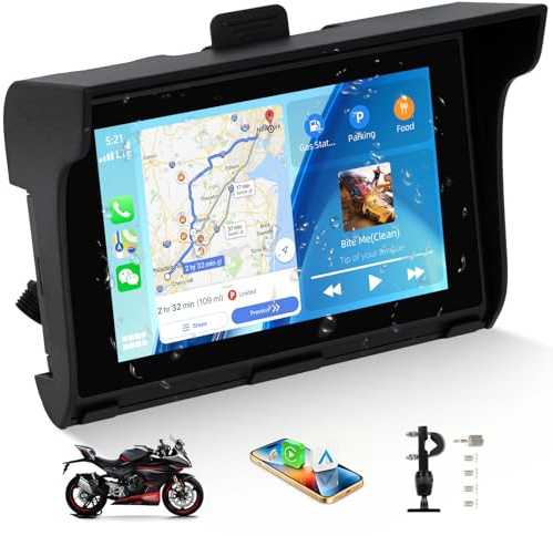 SIXWIN Carplay Moto 5 Pouces Carplay sans Fil & Android Auto,Navigation GPS Moto Étanche IP68 Écran Tactile Étanche, USB Port, Audio BT, EQ,Siri,Assistant G00gle