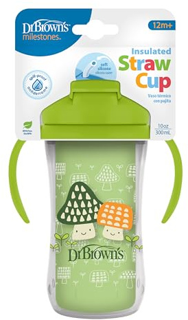 Dr. Brown’s Milestones Insulated Sippy Cup with Straw and Handles, Green Mushrooms, Spill-Proof Tumbler with Lid, 10 oz/300 mL, BPA Free, 12m+