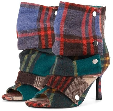 sexytag Women’s Open-Toe Booties – Folded Draped High Heel Ankle Boots with Back Zipper, Slouchy Peep Toe Stiletto Heels Ankle Boots for Fall Outfits & Streetwear Multicolor Plaid Size 12