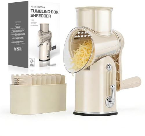 KEOUKE Rotary Cheese Grater 5 in 1 White - Hand Crank Vegetable Cutter, Shredder, Slicer, Enlarge Input, Suction Base, Labor-Saving Handle, Blade Storage Box, for Onion, Potato, Vegetable, Nuts, etc