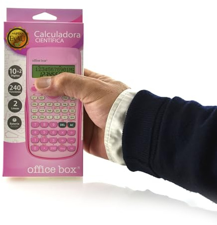 Calculadora científica Office Box 240 Funciones – Pantalla Grande 12 dígitos, batería de botón, Cubierta Protectora Impresa, aprobada PAU, Funciones de álgebra y fracciones, Apagado automático (Rosa)
