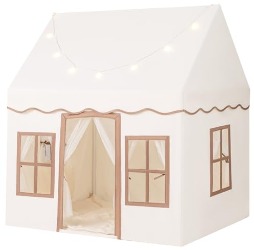 COSTWAY Kids Play Tent, Indoor Large Playhouse with Star Lights, Non-slip Mat and Windows, Castle Fairy Tents for 3-10 Years Boys Girls (Beige+Coffee)