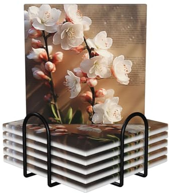 Sottobicchieri in ceramica per bevande, set di 6 sottobicchieri quadrati con supporto in metallo, un fiore di pesco, sottobicchiere in ceramica, tappetino protettivo da tavolo per la decorazione della