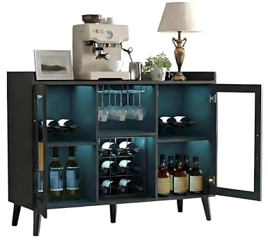 JOLLYTOP Moderner Weinbar Schrank mit LED-Beleuchtung & Glastüren – Freistehender Barschrank mit 18 Flaschenhaltern, Glashaltern & Kaffeebar – Getränkeschrank für Wohnzimmer, Küche & Apartment