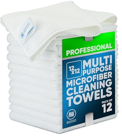 12 x 12 MW Pro Multi-Surface Microfiber Cleaning Cloths | White - 12 Pack | Premium Microfiber Towels for Cleaning Glass, Kitchens, Bathrooms, Automotive, Supplies & Products