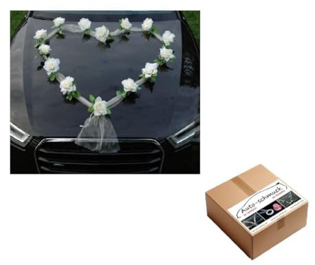 Organza Herz Auto Schmuck Braut Paar Rose Deko Dekoration Autoschmuck Hochzeit Car Auto Wedding Deko Girlande PKW (Ecru/Ecru)