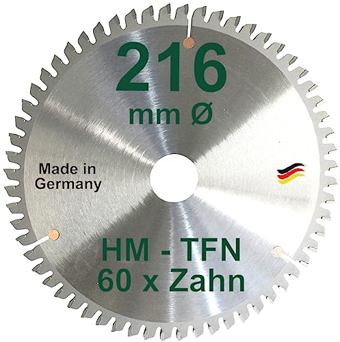 HM Sägeblatt 216 x 30 mm Zähne 60 TFN Kreissägeblatt Hartmetall 216mm Ersatzsägeblatt Trapez Flachzahn Negativ mit Spanabweiser Handkreissäge Kreissäge