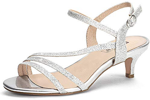 IDIFU Women's Dressy Strappy 2 Inch Low Kitten Heel Open Toe Sandals Dress Shoes for Woman Lady in Bridal Dance Evening(Silver Glitter, 7.5)