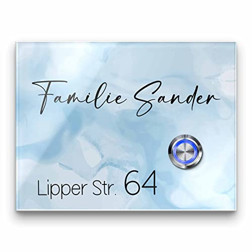 Premium Designer Türklingel mit Namen - Wunschtext | LED-Klingelknopf 13x10 cm | beschriftete Klingel aus Hochglanz Acrylglas und Edelstahl Klingelschild Taster beleuchtet - Modell Bauer
