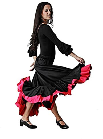 Costumizate! Falda Doble Volante Negro con Fucsia/Falda de ensayo con Doble Volante Negra y Fucsia para Mujer Adulta Talla s