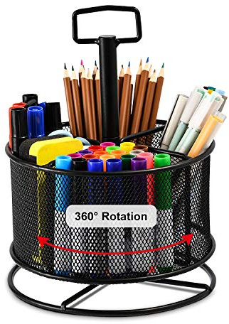 Marbrasse Mesh Desk Organiser, 360-Degree Rotating Multi-Functional Pen Holder,4 Compartments Desktop Stationary Organiser, Home Office Art Supply Storage Box Caddy Rack(Black)