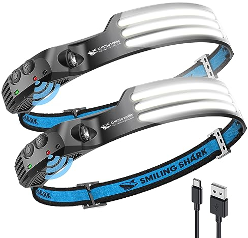 Smiling Shark Stirnlampe, 230°Wide Angle 3*LED Weiß Licht 2 Stück Streifen die Hellste Headlight Wiederaufladbar mit Wasserdichte Joggen, Stirnlampe-Headlight-Camping-Kopflampe