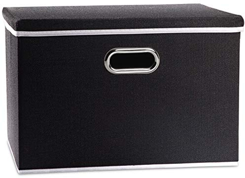 Prandom Storage Boxes with Lids Large,Collapsible Linen Fabric Storage Box,Decorative Bins,Really Useful Box,Clothing Storage,Stackable,45x30x30cm,Black[1-Pack]