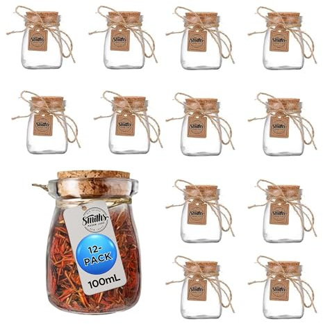 Smiths Mason Jars Lot de 12 flacons en verre, miniature vide - 100 ml, mini pot en verre de 7 cm x 5 cm - Idéal pour le stockage des aliments, les cadeaux, les projets de bricolage