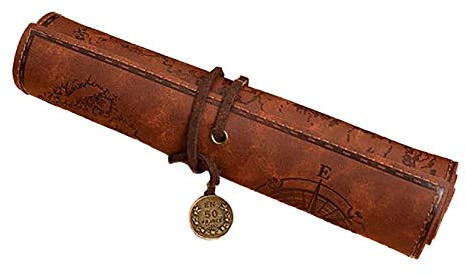 Leuchtbox Stifterolle Rollmäppchen Federmäppchen Kunstleder Vintage Künstleretui Retro Griffelmappe Schlamperrolle Piraten-Look mit aufgedruckter Schatzkarte (Braun 2 (Raue Oberfläche))