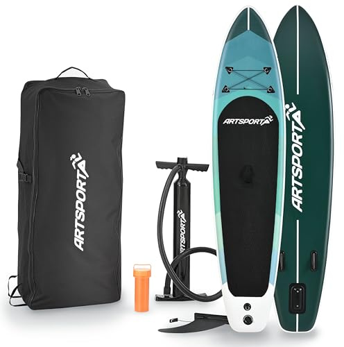 ArtSport Stand Up Paddling Board Set Blue Wave aufblasbar 320 cm - 150 kg - Fußleine, Pumpe, Paddel, Tasche & Zubehör - SUP Board Standup Paddle