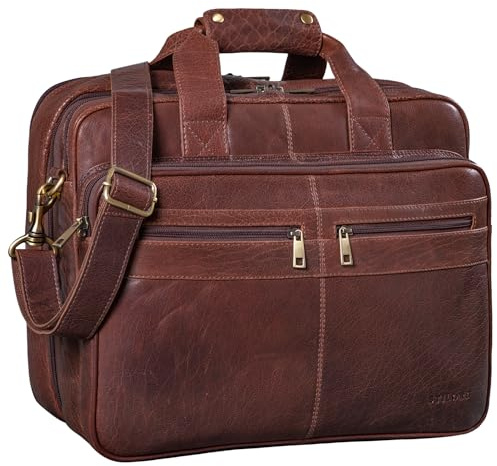 STILORD Alexander Lehrertasche Herren Leder Vintage Aktentasche Laptoptasche Bürotasche Businesstasche groß XXL Umhängetasche mit Dreifachtrenner Echtleder Farbe:Sattel-braun
