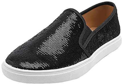 FEVERSOLE Women's Fashion Sparkle Sequin Embellished Sneaker Party Holiday Casual Shoes Black Sequin Size 8.5 M US