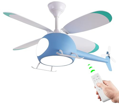 OUSAITE Children's Bedroom Ceiling Fan with lights,Remote control speed,Dimmable Kids Room Cartoon Ceiling Fan Lamp,Helicopter Model&Teddy Bear Model Options Blue