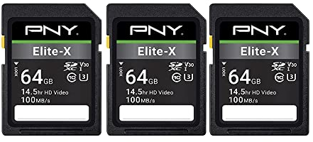 PNY Paquete de 3 Tarjetas de Memoria Flash SDXC Elite-X Clase 10 U3 V30 de 64 GB, 100 MB/s, Clase 10, U3, V30, 4K UHD, Full HD, UHS-I, SD de tamaño Completo