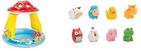 Intex Mushroom Baby Pool 57114NP & Munchkin Floating Farm Animal Themed Rubber Bath Squirt Toys for Baby, Pack of 8