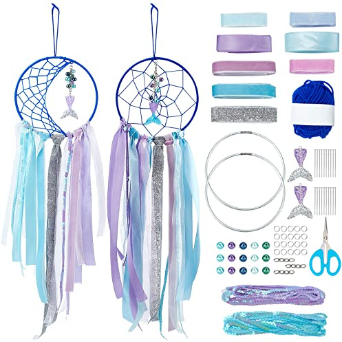 INFUNLY 2er-Set Meerjungfrauen-Traumfänger DIY-Traumfänger-Bausatz handgefertigte Boho-Traumfänger für Kinder Mädchen-Schlafzimmer-Wanddekoration Kinderzimmer Babyzimmer zum Aufhängen