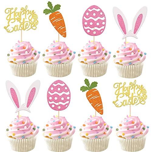 Xsstarmi 24 Pack Glitter Happy Easte Cupcake Toppers Carrot Rabbit Easter Egg Decor Cupcake Picks for Bunny Ear Happy Easter Theme Baby Shower Spring Theme Birthday Easter Party Cake Decorations