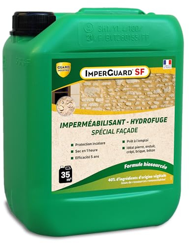 Guard Industrie – Imperméabilisant Façade Incolore Haute Performance – ImperGuard Spécial Façade – Pierre Enduit Crépis Brique Béton – Efficace 5 ans – 5 litres – Traite 50m2