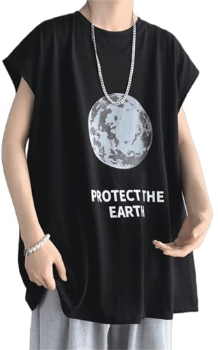 Men Y2K Sleeveless Tank Tops Earth Graphic Muscle Tee Korean Preppy Cap Sleeve T-Shirt Vintage Blouse Hawaiian Streetwear (Black,5XL,5X-Large,5X-Large)