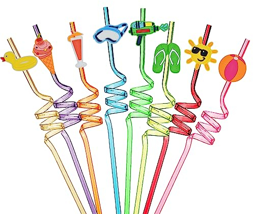 VerteLife 8 Stück Strohhalm Plastik Trinkhalme Wiederverwendbare Sommer Hawaii Poolparty Strohhalme Lockige Buntes Strohhalm für Kinder Geburtstagsfeier Dekorationen Familie Partybedarf - Poolparty