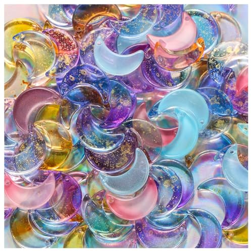 100pcs Colorful Moon Shape Beads Gold Foil Moon Crescent Crystal Glass Tiny Hanging Charm Beads for DIY Craft Bracelet Necklace Earrings Keychain Jewelry Making Handmade Supplies