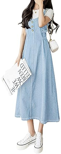 CHARTOU Women's Elegant Straps Back Smocked A-Line Long Skirt Denim Overall Pinafore Dress (XX-Large, Light Blue)