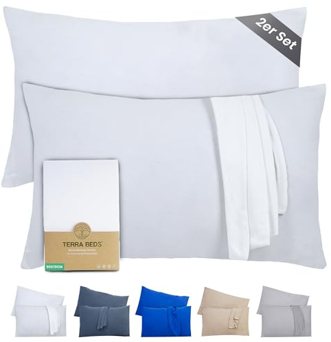 Terra Beds Kissenbezug 50x70 (Set mit 2) - 100% Baumwolle Jersey 160 g/m², Oeko-Tex Zertifiziert - Kopfkissenbezug für Kissen 50x70 mit Reißverschluss, dehnbarem weich und atmungsaktiv - (Weiß)