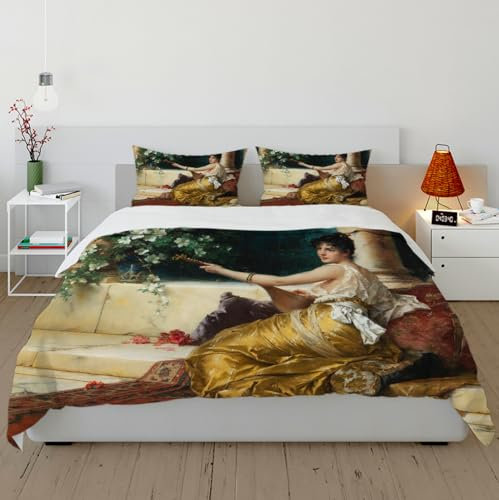 DINGSION Lawrence Alma Tadema Style Bettwäsche-Set 3-teilig The Mandolin Player Ultraweiches Mikrofaser-Schlafzimmer-Bettwäsche-Set mit 2 Kissenbezügen 135 x 200 cm