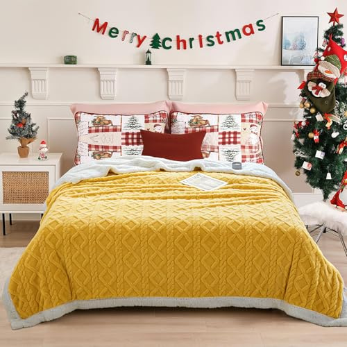 QOFLY Dicke Kuscheldecke Flauschig Gelb - 200x230 cm Extra Warme Decken für den Winter als XXL Sofadecke Couchdecke, groß Wohndecke aus hochwertige Sherpa Fleece, Soft Weich Blanket
