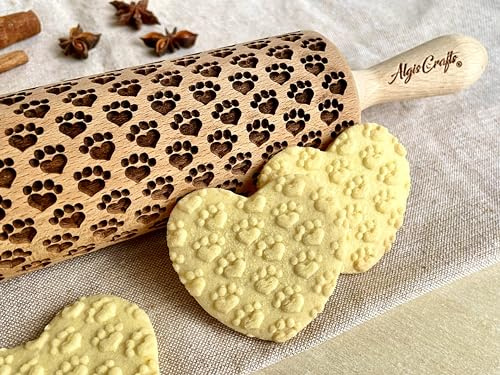 Mattarello Legno Goffrato ZAMPA- CUORE | Mattarello Inciso | Rullo per Biscotti e per Modellare | Mattarello Decorativo per Biscotti di Algis Crafts