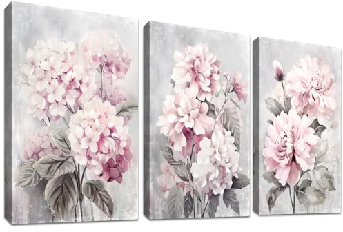 3Pcs Grau Rosa Hortensien Blumen Mit Rahmen Leinwand Bilder Pfingstrose Blumen Blüte Bild auf Leinwand Malerei Poster Wandbilder Wanddeko Wohnzimmer Schlafzimmer Dekorationen 120x60cm (16x24x3pcs)