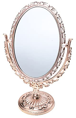 Drehbarer Schminkspiegel, antiker Goldspiegel, Vintage-Doppelseiten-Schminkspiegel, ovaler Spiegel, Tischspiegel, Dekor, einfacher menschlicher Schminkspiegel, Gold-Schminkspiegel (Color : Rose Gold
