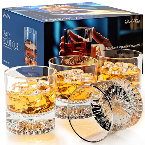 GLORAMA Premium Old Fashioned Whiskey Glasses with Heavy Bottom – Vintage Bar Drinkware for a Cocktail, Bourbon, or Scotch – Durable Crystal Rocks Glass – Set of 4, 10 oz