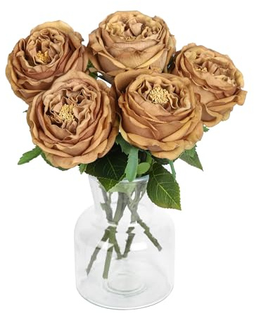 DuHouse Seidenrosen, künstliche Kaffee Rosen mit Stielen, fühlen Sich echt an, Pfingstrosen, Latex, künstliche Blumen für Arrangement, Hochzeit, Party, Heimdekoration, 5 Stück