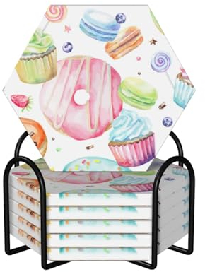Set di 6 sottobicchieri in ceramica con stampa di cupcake, ciambelle, muffin, zucchero, accessori eleganti per la cucina e la casa