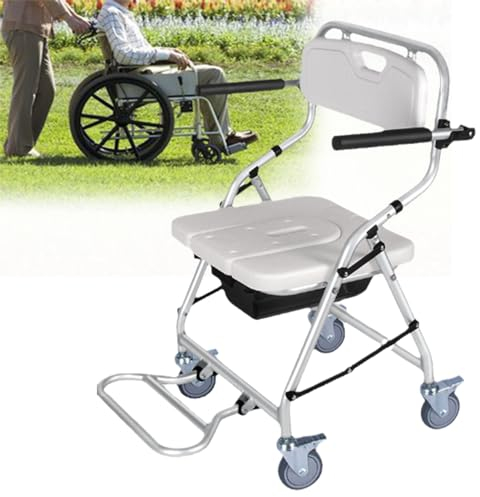 CAFIEDR Toilettenstuhl auf Rädern, wasserdichter Rollstuhl, Mobilitätsassistent, Toilettenstuhl mit 4 abschließbaren Stummrädern, abnehmbarer Eimer, Duschsitze für ältere Menschen, faltbar,