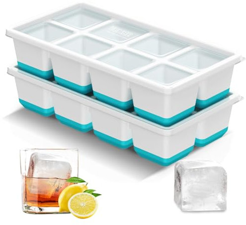 VEHHE Ice Cube Tray, 2pcs Large Moulds, Flexible Silicone Easy Clean, Reusable Trays for Freezer With Lid Save Space, Large Square Cubes for Whisky, Cocktails, Drinks