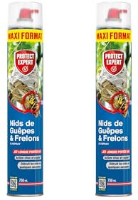 PROTECT EXPERT Aérosols Pour Nid De Guêpes Frelons & Frelons Asiatiques - 2x750 ML - Mousse - Jet Longue Portée Pulvérisation Jusqu’à 6m - Traitement A Distance - Action Choc & Foudroyante GUEP750X2