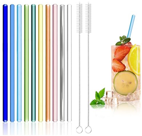 10 Pcs Glass Straws Reusable, 20cm Coloured Drinking Straw with 2 Brushes | Glass Straws BPA-Free for Smoothie Milkshake Milk Coffee Cocktail Cold Drinks 8mm Diameter