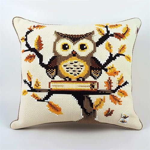kitphoenix Knüpfkissen Set Eule Latch Hook Kissen Kit für Kinder oder Anfänger Erwachsene zum Selber Knüpfen, DIY Knüpfteppich Knüpfpackung, Knüpfhaken Set 43 x 43 cm